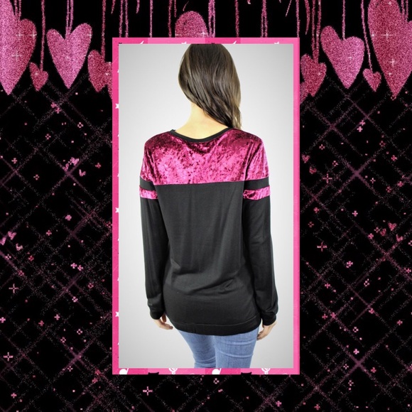 JUST IN🆕Black/Fuchsia Velvet Detail Long Sleeve - Picture 2 of 2